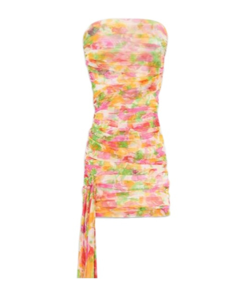 Saint Laurent Strapless Asymmetric Ruched Floral-print Tulle Mini Dress In Craie Rose Vert